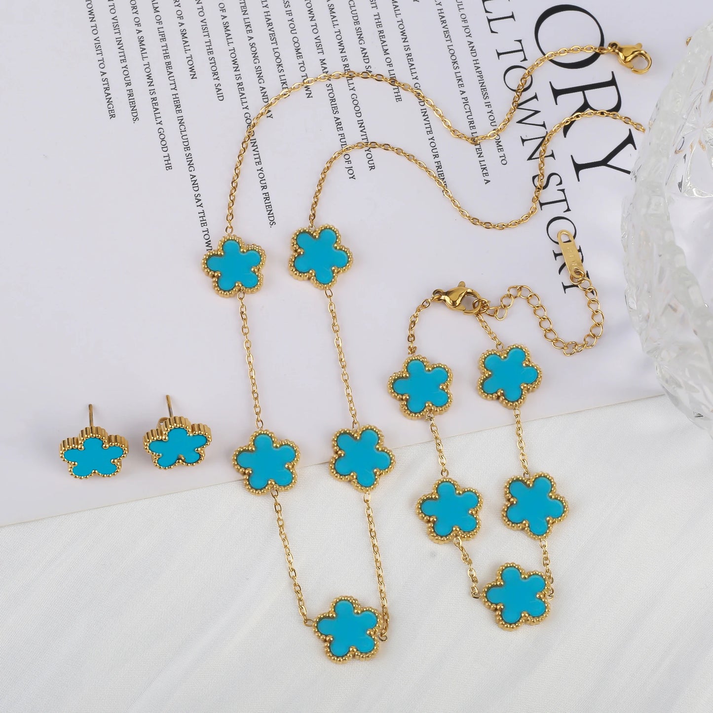 Simple 316L Stainless Steel Flower Five Leaf Necklace Bracelet Earrings 18K Gold Plated Jewelry Set for Women Girl