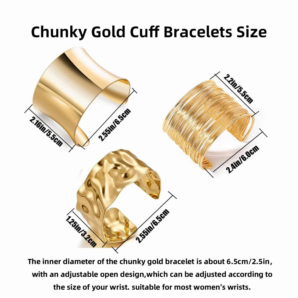 3PCS Chunky Gold Color Cuff Bracelets for Women Irregular Minimalist Bangle Bracelets Set Open Wide Bangle Arm Cuff Jewelry