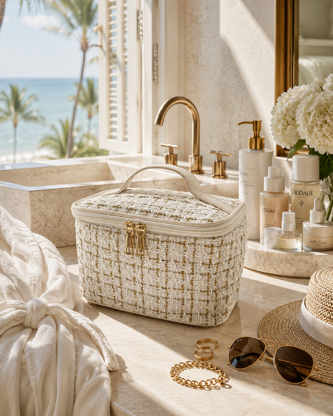 Coastal Luxe Quilted Travel Makeup Case | Large Cosmetic Organizer & Toiletry Bag