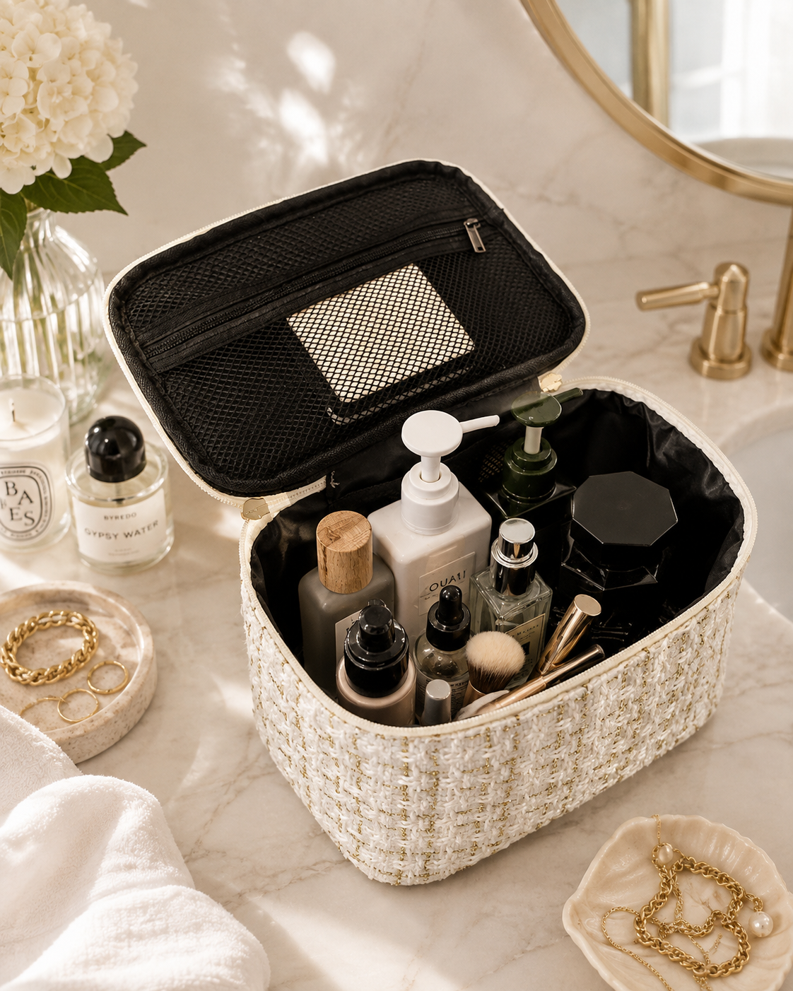 Coastal Luxe Quilted Travel Makeup Case | Large Cosmetic Organizer & Toiletry Bag