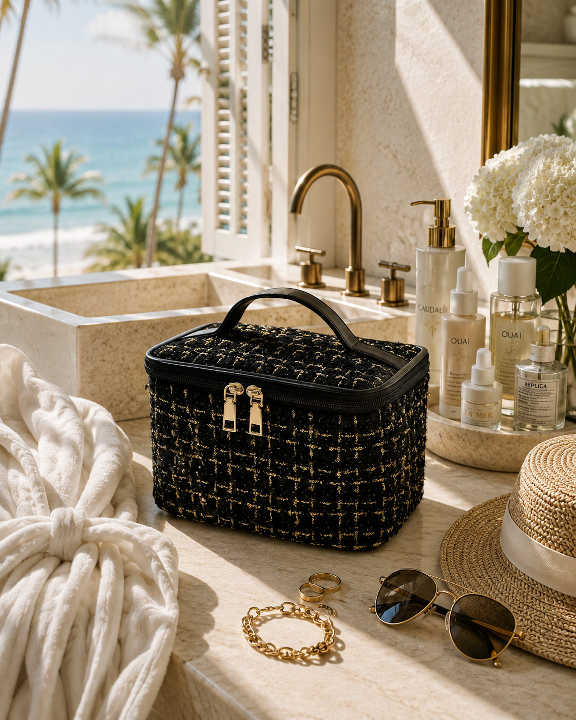 Coastal Luxe Quilted Travel Makeup Case | Large Cosmetic Organizer & Toiletry Bag