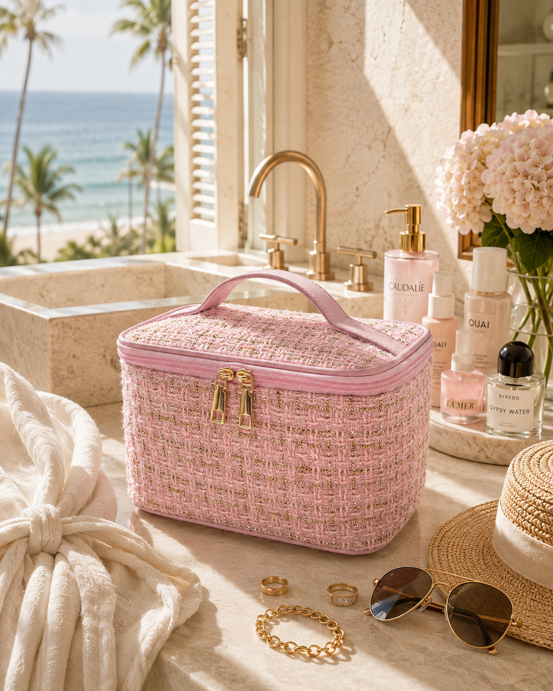 Coastal Luxe Quilted Travel Makeup Case | Large Cosmetic Organizer & Toiletry Bag