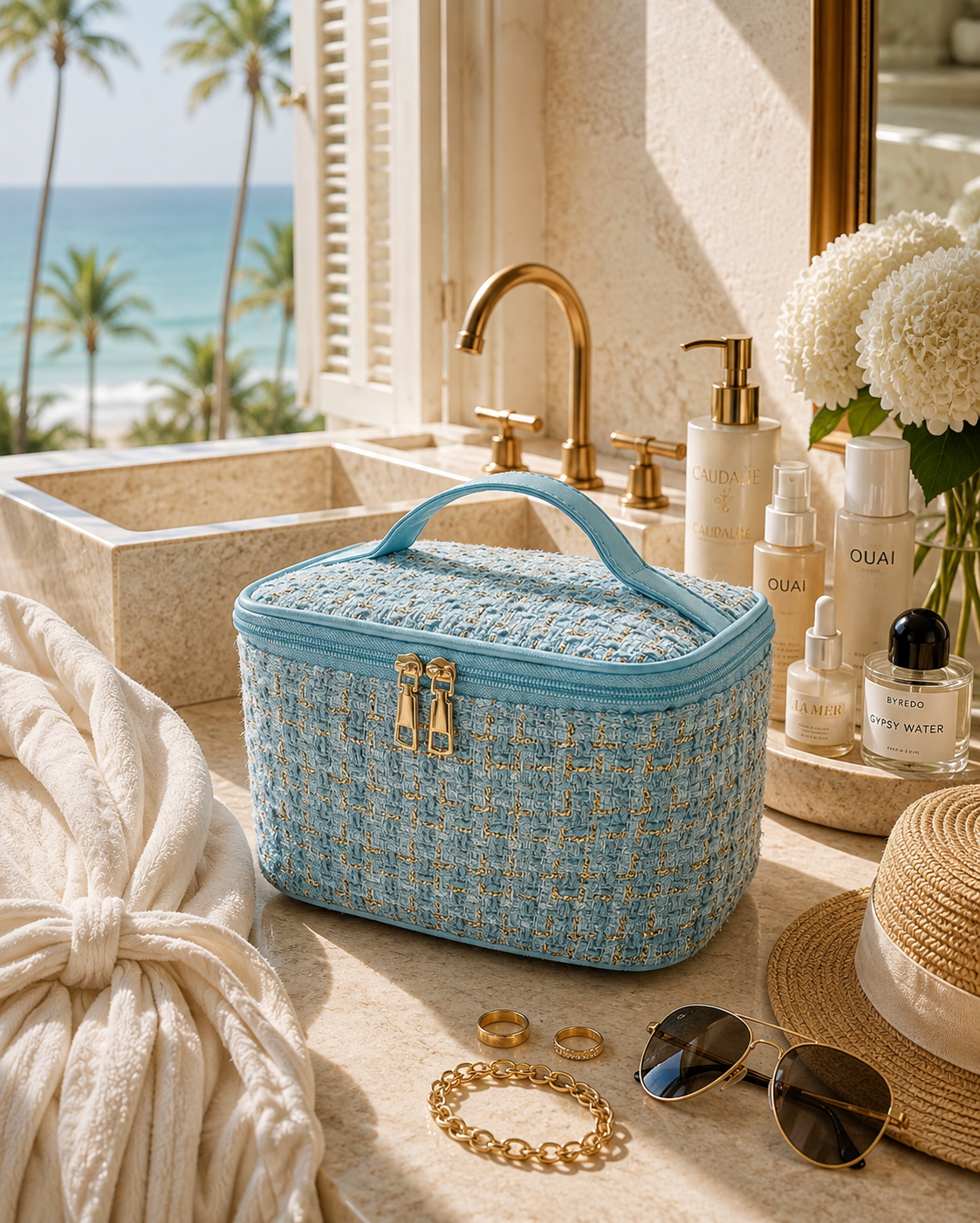 Coastal Luxe Quilted Travel Makeup Case | Large Cosmetic Organizer & Toiletry Bag