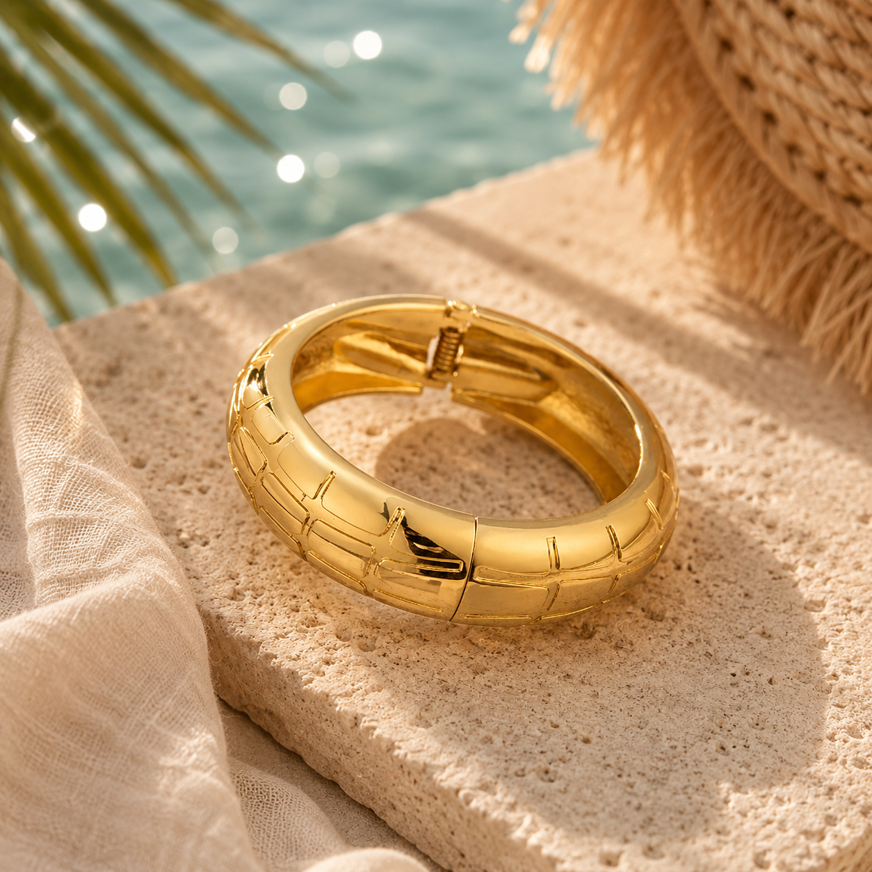 Textured Gold Hinge Bangle Bracelet | Luxury Statement Cuff for Women