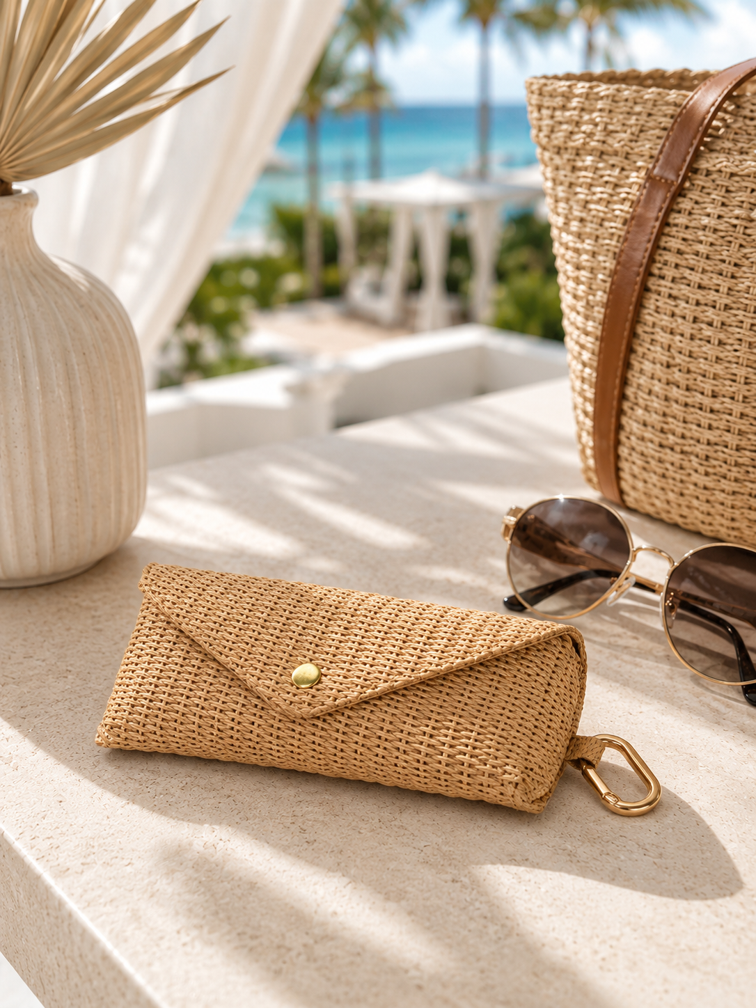 Woven Straw Sunglasses Case | Vacation Travel Glasses Holder with Clip