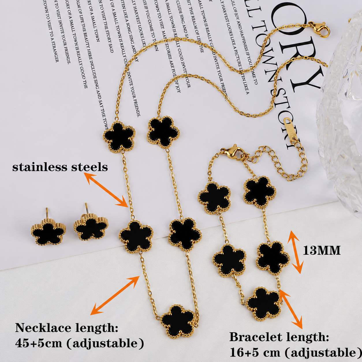 Luxury Clover Jewelry Set | Stainless Steel Necklace, Bracelet & Stud Earrings