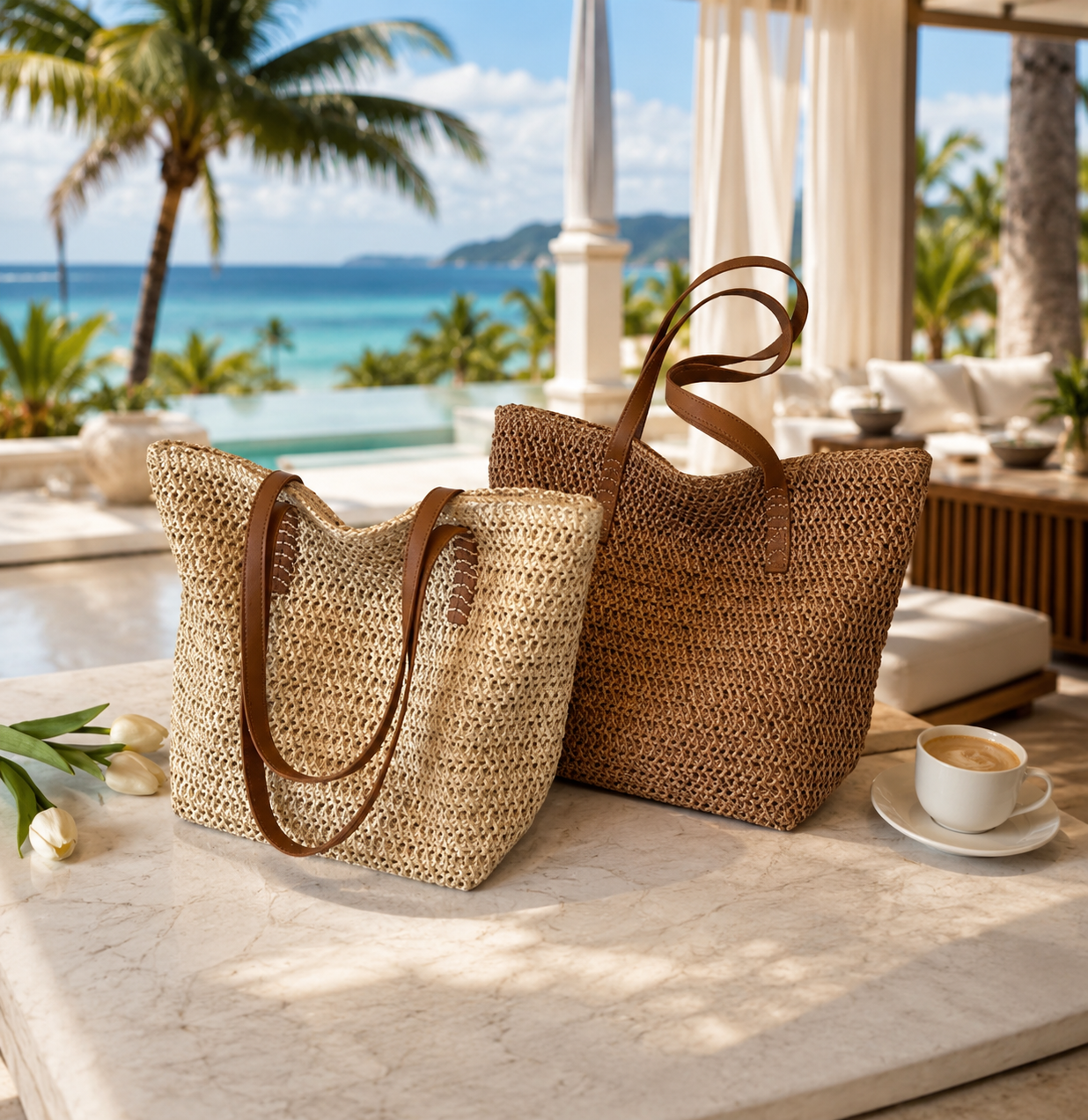 Coastal Woven Tote Bag | Women's Straw Beach Shoulder Bag