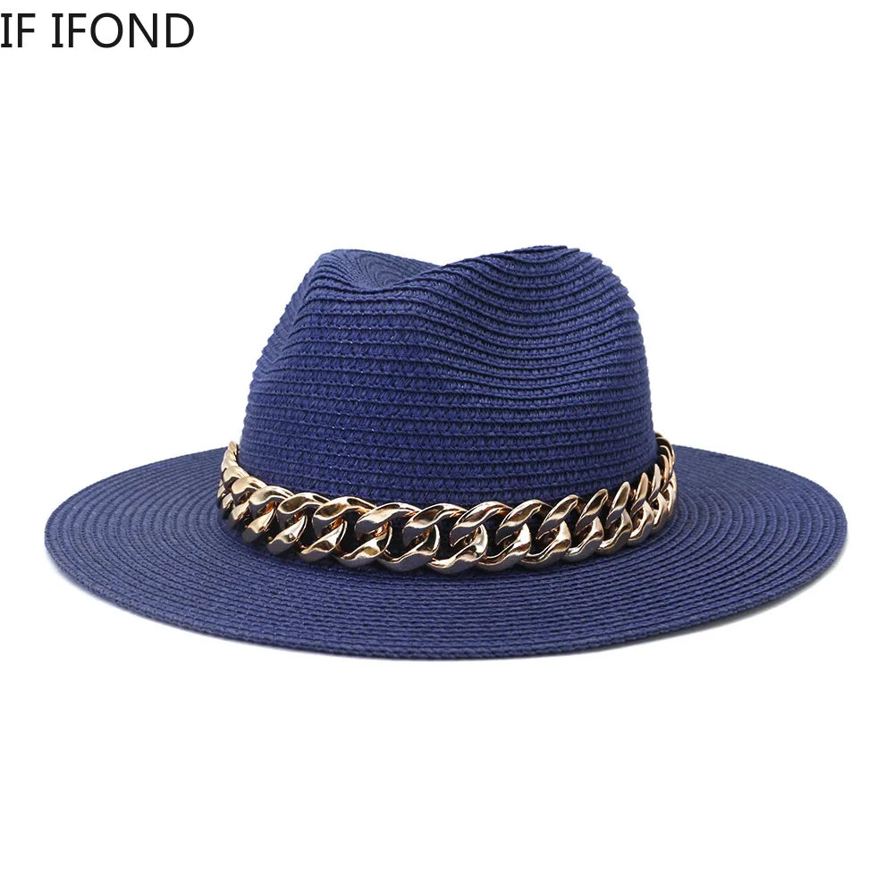 Fashion Gold Chain Belt Panama Straw Hats for Women Summer Breathable Beach Sun Hats Elegant Ladies Party Jazz 