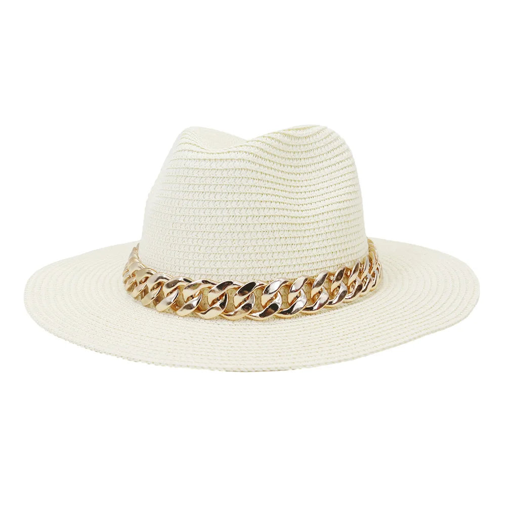 Fashion Gold Chain Belt Panama Straw Hats for Women Summer Breathable Beach Sun Hats Elegant Ladies Party Jazz 