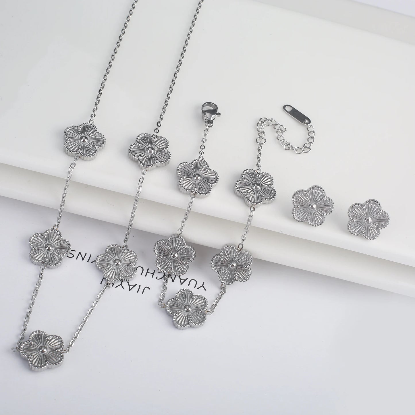 Simple 316L Stainless Steel Flower Five Leaf Necklace Bracelet Earrings 18K Gold Plated Jewelry Set for Women Girl 
