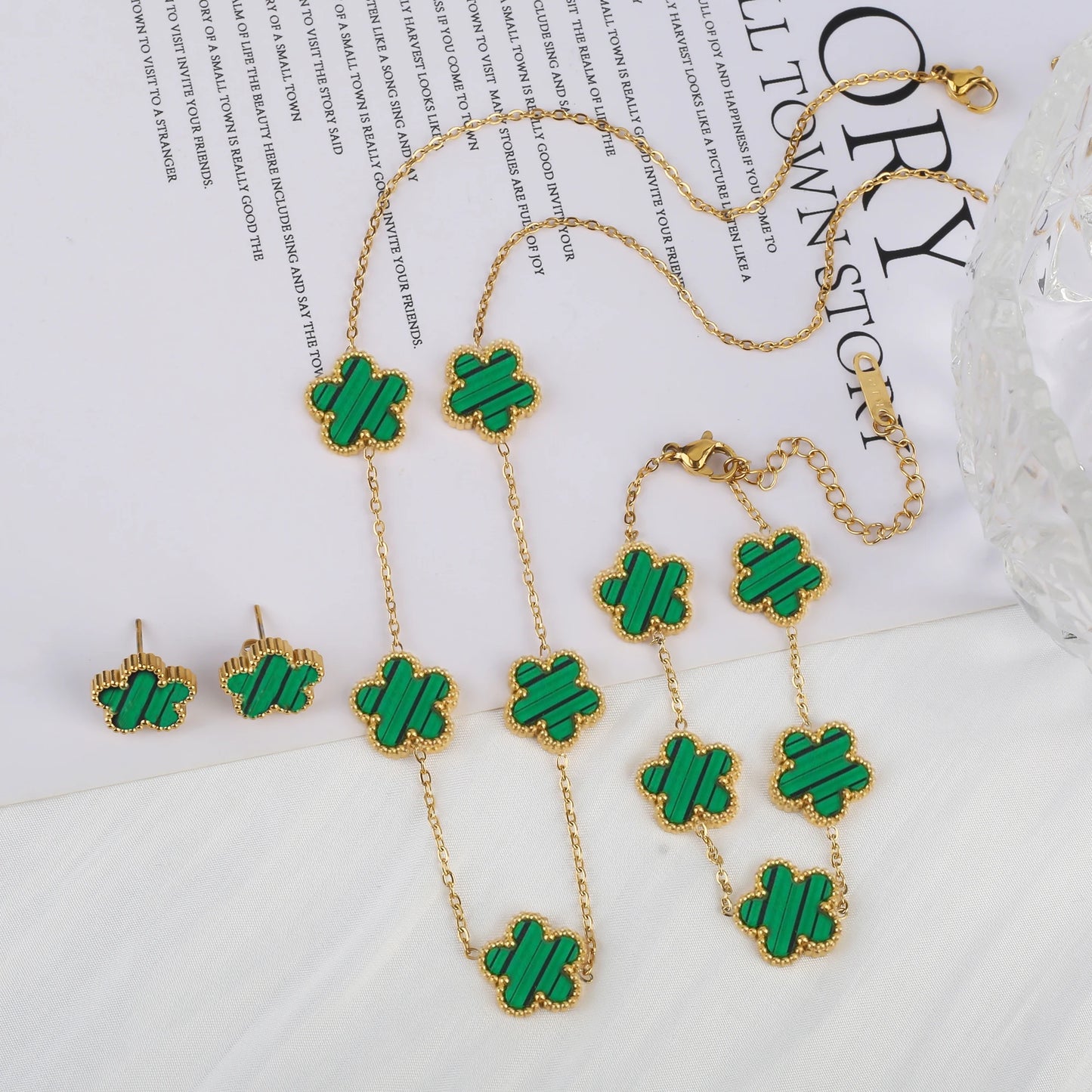 Simple 316L Stainless Steel Flower Five Leaf Necklace Bracelet Earrings 18K Gold Plated Jewelry Set for Women Girl 