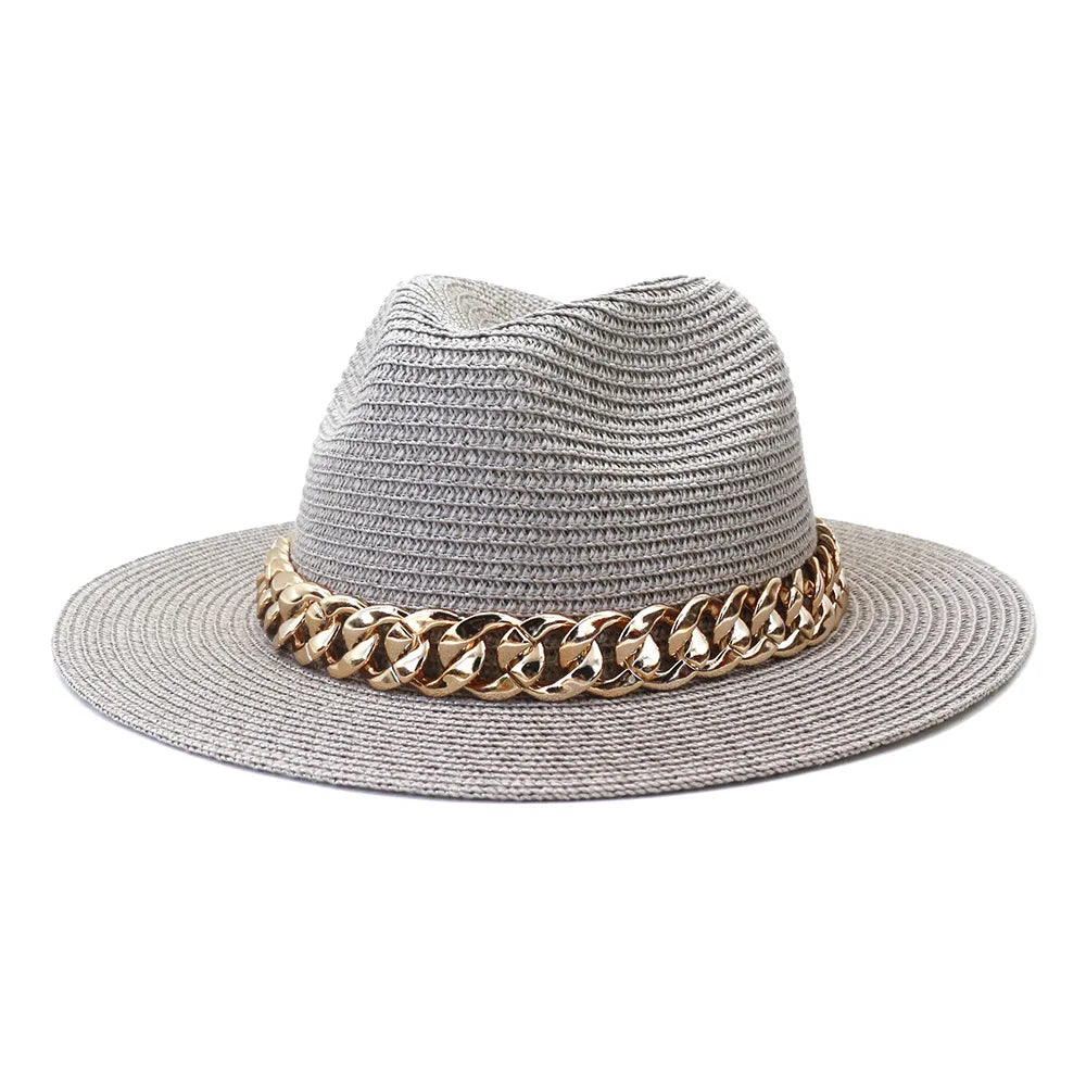 Fashion Gold Chain Belt Panama Straw Hats for Women Summer Breathable Beach Sun Hats Elegant Ladies Party Jazz 