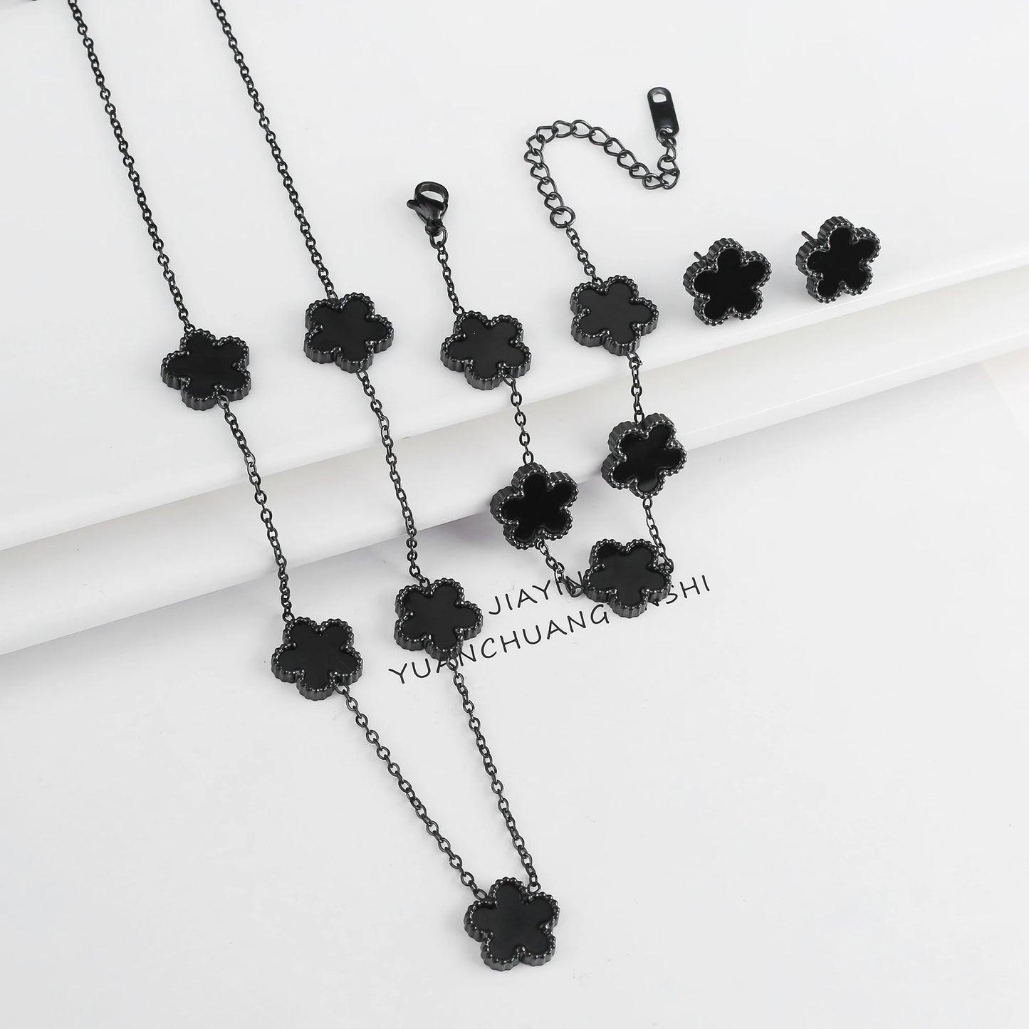Simple 316L Stainless Steel Flower Five Leaf Necklace Bracelet Earrings 18K Gold Plated Jewelry Set for Women Girl 