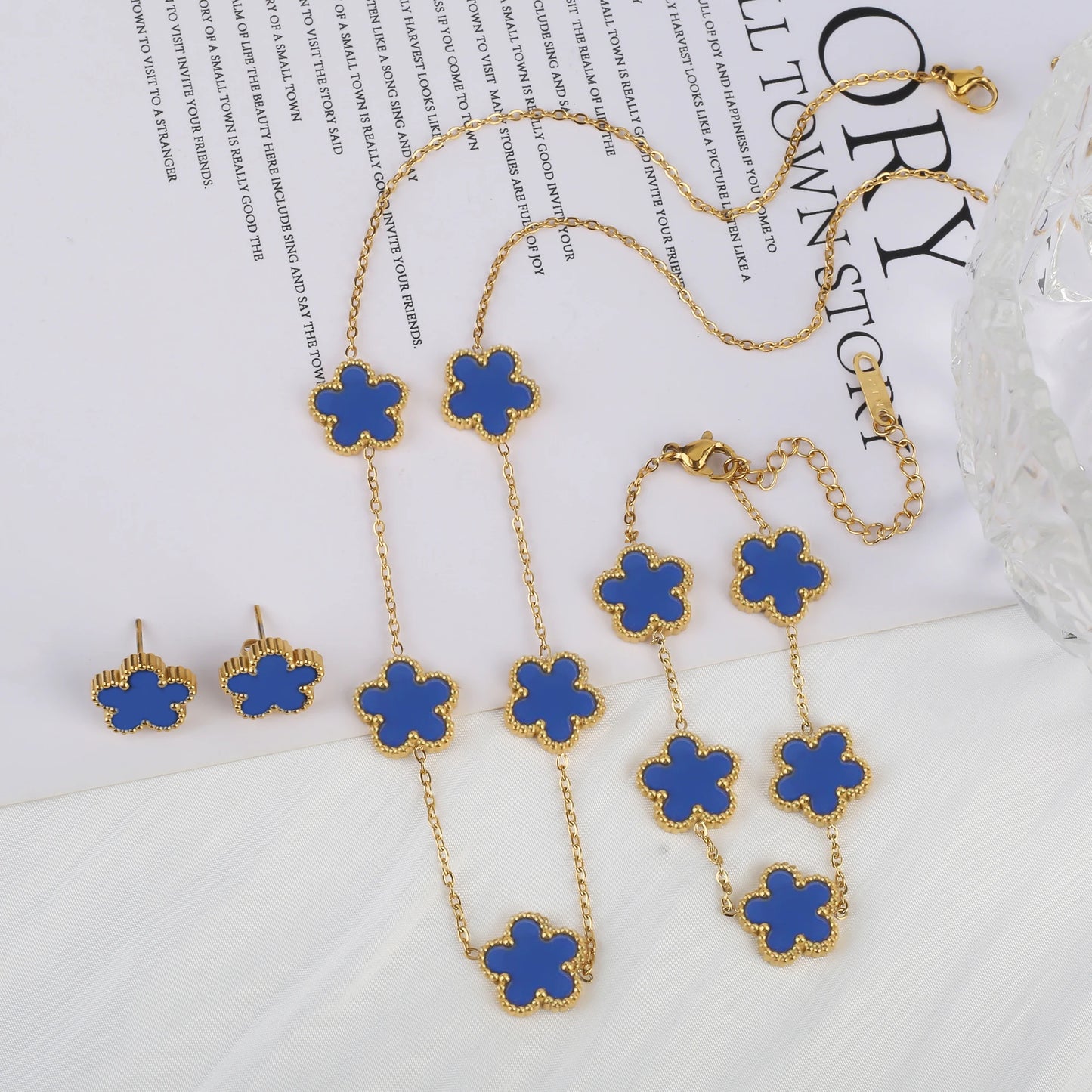 Simple 316L Stainless Steel Flower Five Leaf Necklace Bracelet Earrings 18K Gold Plated Jewelry Set for Women Girl 