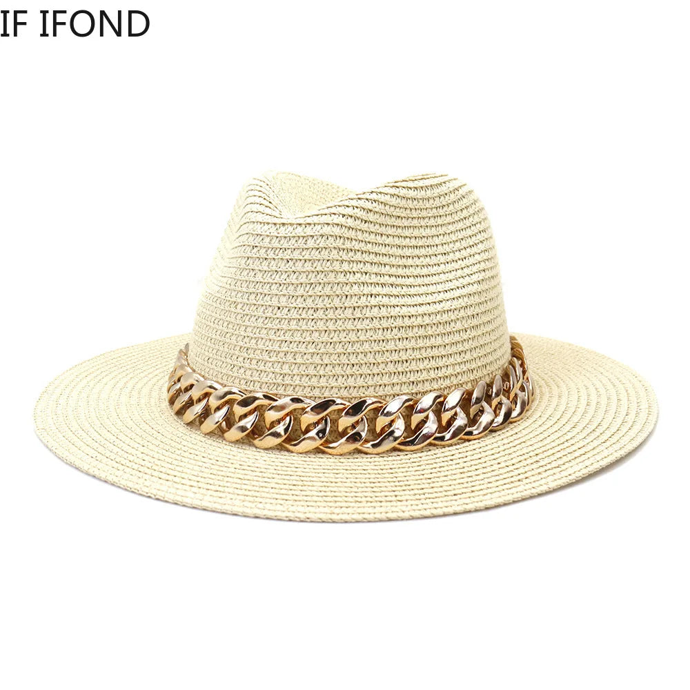 Fashion Gold Chain Belt Panama Straw Hats for Women Summer Breathable Beach Sun Hats Elegant Ladies Party Jazz 