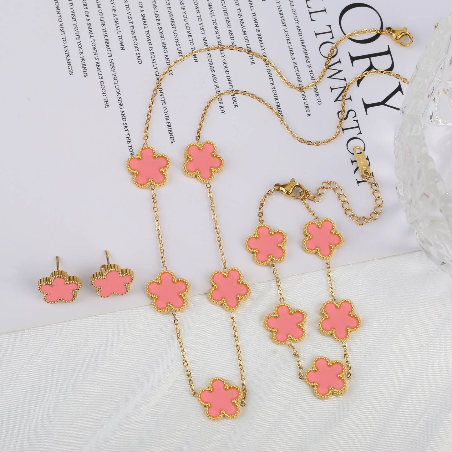 Simple 316L Stainless Steel Flower Five Leaf Necklace Bracelet Earrings 18K Gold Plated Jewelry Set for Women Girl 
