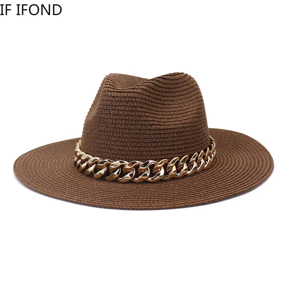 Fashion Gold Chain Belt Panama Straw Hats for Women Summer Breathable Beach Sun Hats Elegant Ladies Party Jazz 