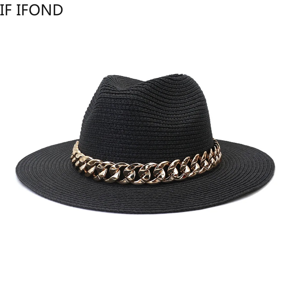 Fashion Gold Chain Belt Panama Straw Hats for Women Summer Breathable Beach Sun Hats Elegant Ladies Party Jazz 