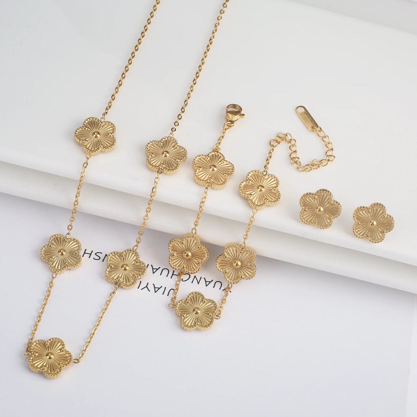 Simple 316L Stainless Steel Flower Five Leaf Necklace Bracelet Earrings 18K Gold Plated Jewelry Set for Women Girl 