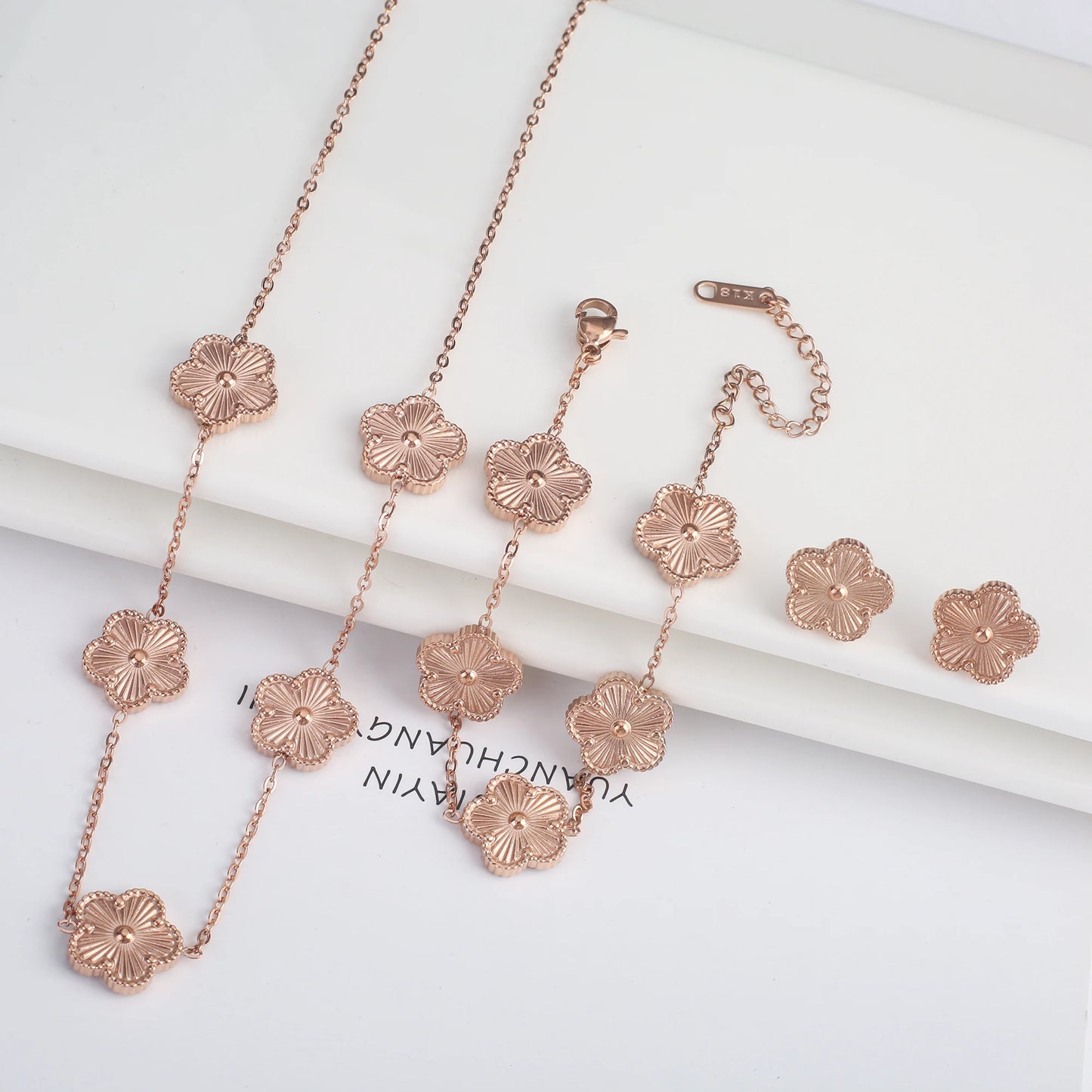 Simple 316L Stainless Steel Flower Five Leaf Necklace Bracelet Earrings 18K Gold Plated Jewelry Set for Women Girl 