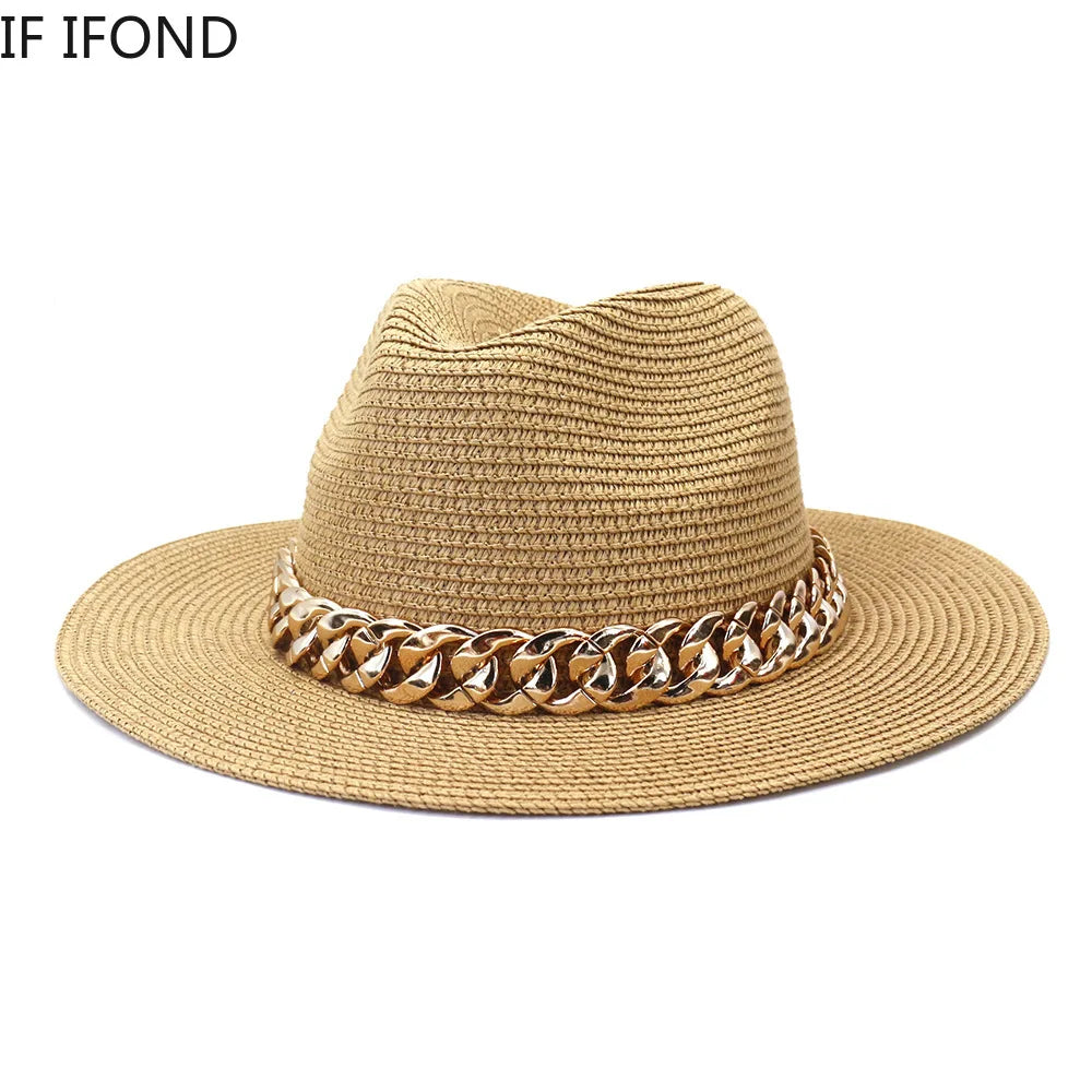 Fashion Gold Chain Belt Panama Straw Hats for Women Summer Breathable Beach Sun Hats Elegant Ladies Party Jazz 