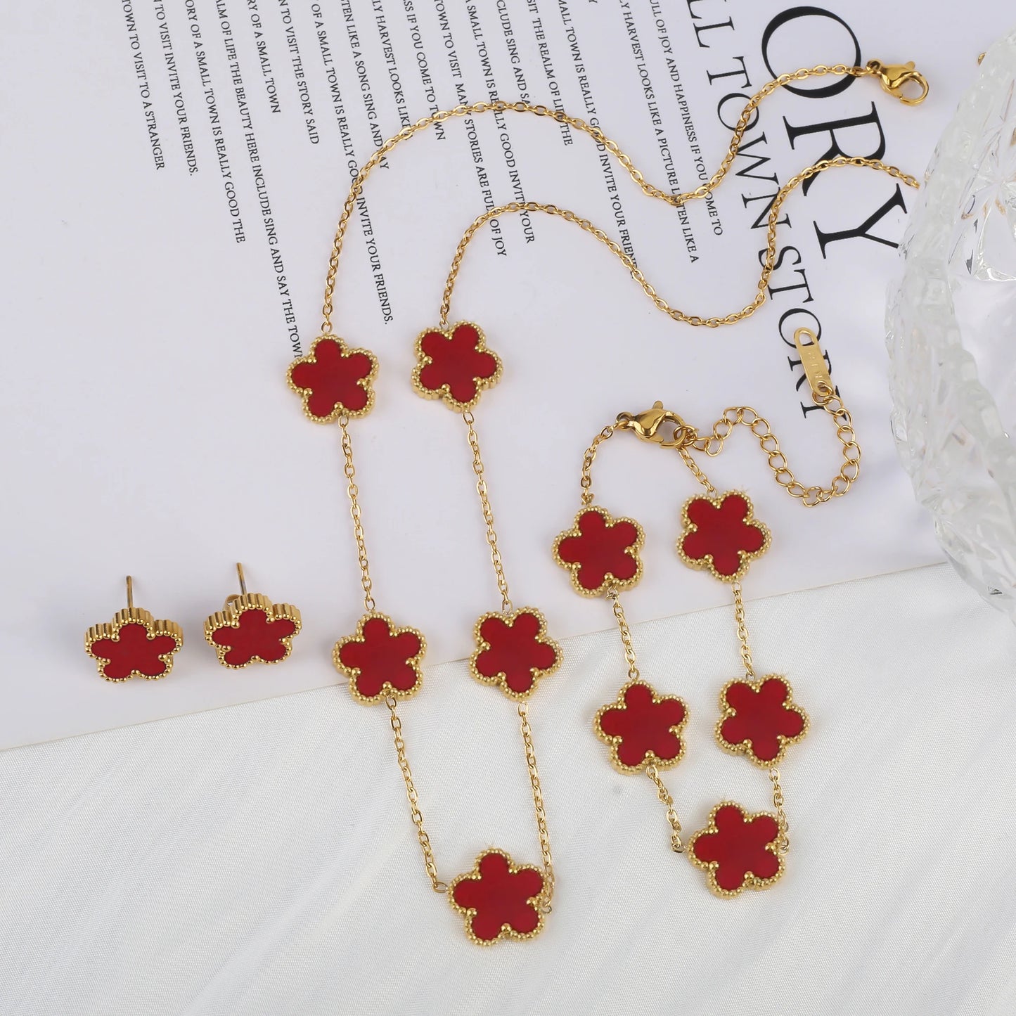Simple 316L Stainless Steel Flower Five Leaf Necklace Bracelet Earrings 18K Gold Plated Jewelry Set for Women Girl 